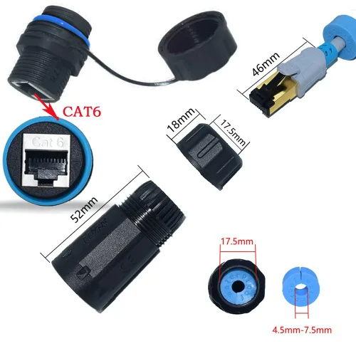 Vista 2 de Conector de montaje en panel impermeable blindado RJ45 CAT6 IP68 5PCS Cat5/5e/6, 8P8C Ethernet Cable LAN Extend Coupler, hembra a hembra