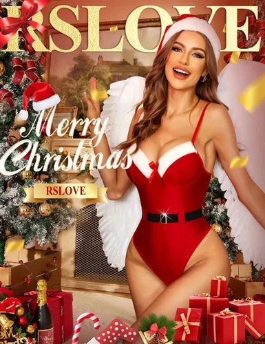 Vista 2 de RSLOVE Lencería de Navidad para mujer, body de peluche sexy de una pieza con cinturón
