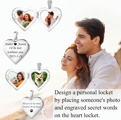 Vista 3 de Fanery Sue Heart Locket Necklace that Holds Pictures, Lockets Necklaces Customize Photo Pendant Picture Jewelry for Women