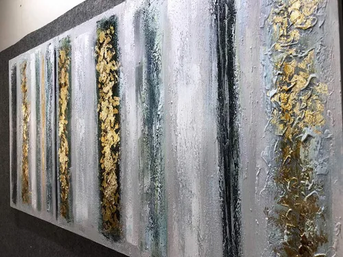 Vista 2 de Boiee Arte, 24 x 48 pulgadas, lámina dorada pintada a mano, líneas minimalistas, arte de pared, pinturas al óleo abstractas neutrales, gris oscuro