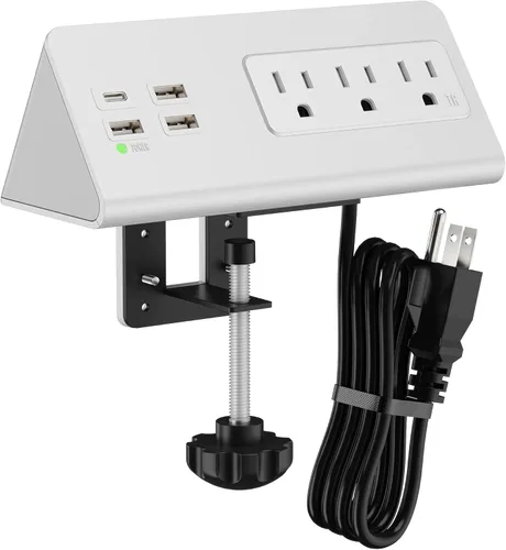 Vista 11 de Regleta de alimentación de montaje en borde para mesita de noche con puertos USB-C, protector de sobretensiones de mesa, abrazaderas de escritorio