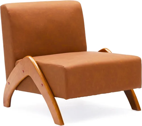 Vista 10 de Silla decorativa de gran tamaño, tapizada sin brazos de mediados de siglo, moderna silla de sala de estar con patas de madera para dormitorio Beige