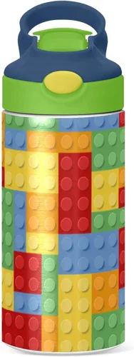 Vista 2 de Kigai Botella de agua pequeña para niños, 12 onzas, bloques de construcción, botella aislada con tapa con pajilla, vaso de acero inoxidable, vaso