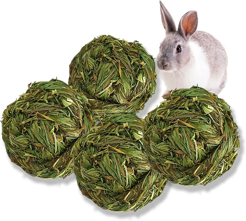 Vista 8 de PINVNBY 2 bolas de heno Timothy de conejo, juguetes naturales para masticar, bola de hierba, dientes de animales pequeños, bola de juego tejida