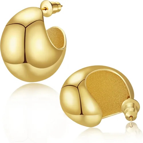 Vista 8 de Aretes de aro gruesos de oro para mujer, chapados en oro de 14 quilates, aretes de aro triple, hipoalergénicos, a la moda, aretes de aro gruesos