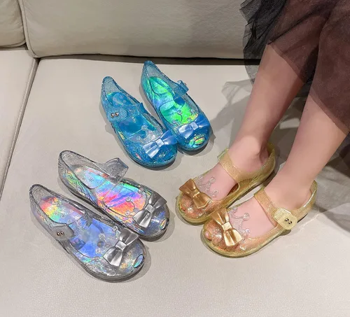 Vista 8 de Zapatos de gelatina para niñas, sandalias planas de vestir de princesa para niños, cosplay, gelatinas transparentes con purpurina Mary Janes