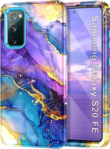 Vista 8 de Btscase para Galaxy S20 FE 5G, Funda de patrón de mármol 3 en 1 resistente a los golpes cuerpo completo duro PC+Silicona suave para caídas