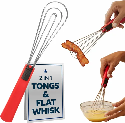 Vista 9 de Batidor plano y pinzas para cocinar: herramienta de cocina multiusos para batir huevos, pinzas para ensalada, barbacoa, batidor para cocinar Negro