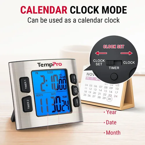 Vista 3 de ThermoPro TM02 - Temporizador digital de 24 horas con temporizadores de cocina duales para cocinar, cronómetros, reloj magnético con volumen