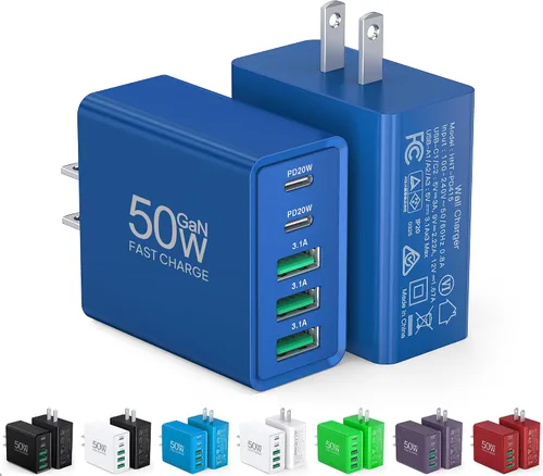 Vista 11 de [Paquete de 2] Cargador de pared USB C, bloque de cargador USB C de 50 W, bloques de carga rápida PD de 5 puertos, 2USB C + 3USB A enchufe