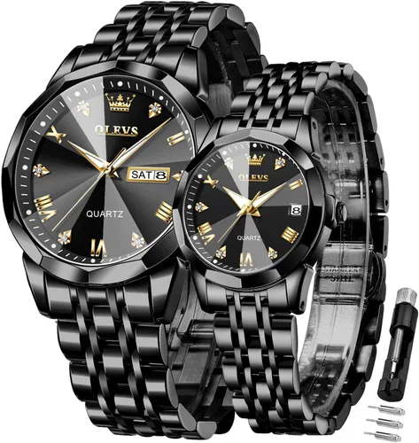 Vista 31 de OLEVS Juego de 2 relojes de cuarzo para parejas de San Valentín, calendario luminoso, ventana de fecha, 3 ATM, impermeable, casual, acero