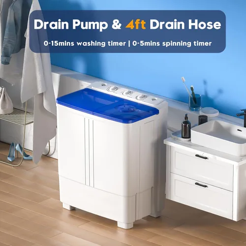Vista 3 de Lavadora portátil de 20 libras, lavadora compacta de doble tina mini con bomba de drenaje, semiautomática, lavadora de 12 libras y centrifugadora