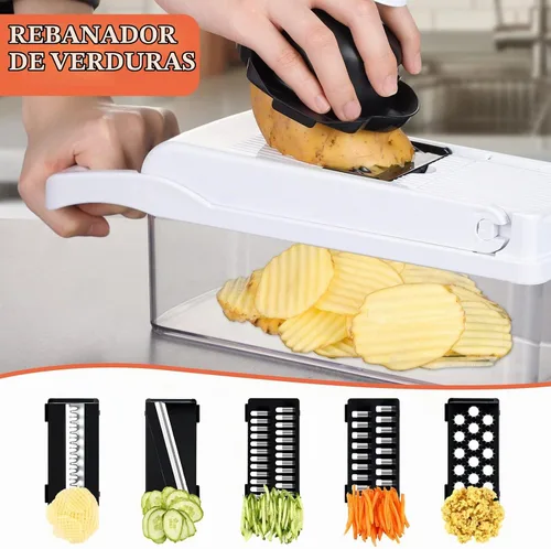 Vista 3 de KEOUKE Cortador de verduras de mandolina pro - Cortador de alimentos con 16 cuchillas intercambiables con recipiente, protector manual y escurridor