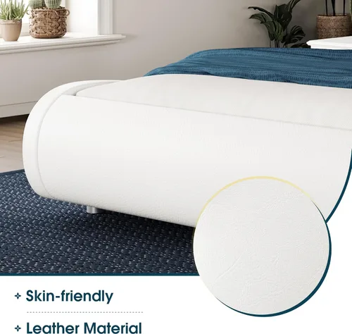Vista 6 de WEEWAY Base de cama moderna tapizada de tamaño matrimonial, cama de trineo de piel sintética con cabecera ajustable, soporte de listones de madera