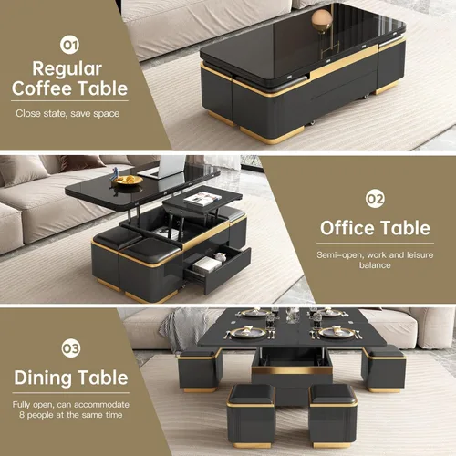 Vista 6 de Guyii Mesa de centro elevable con taburetes de almacenamiento, mesa central multifuncional negra con cajones, moderna mesa de comedor extensible