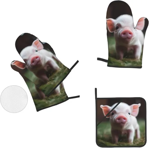 Vista 6 de Lindos guantes de horno resistentes al calor, 2 unidades y soportes para ollas, 2 piezas, guantes de cocina para hornear, juego de 4 piezas, tela