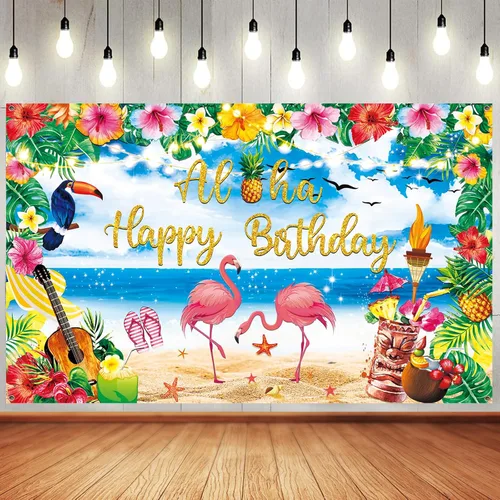 Vista 9 de Decoraciones de fiesta de cumpleaños Luau de alta calidad, pancarta Aloha con texto en inglés "Happy Birthday", grande de 72 x 44 pulgadas, diseño