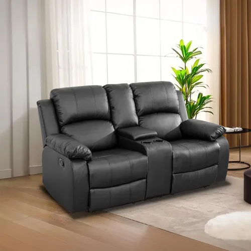Vista 55 de Juego de Muebles para Sala de Estar, Juego de Sofá Reclinable Manual, Juegos de Sofás Reclinables de Cuero Beige con Mesa Desplegable, Sofá