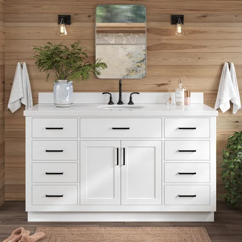 Vista 17 de ARIEL Hepburn - Tocador de baño de 30 pulgadas con fregadero, madera maciza, encimera y protector contra salpicaduras de cuarzo blanco puro de 1.5