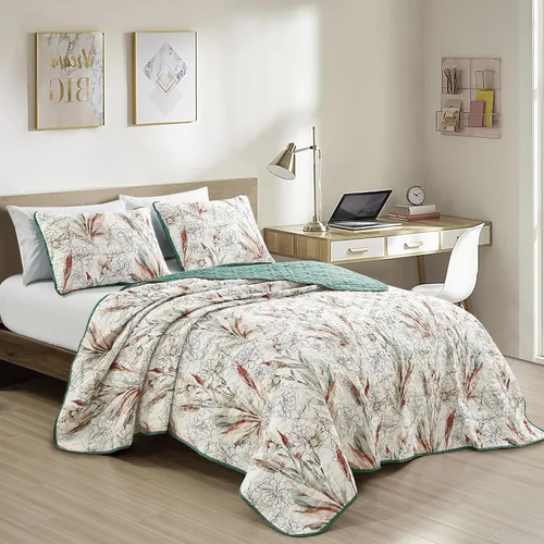 Vista 29 de ESCA - Juego de colcha de 3 piezas, tamaño Queen, con estampado de girasoles amarillos reversible, floral negro y verde