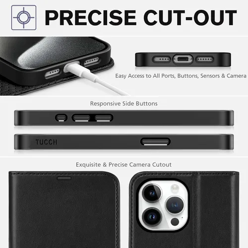 Vista 8 de Funda tipo billetera TUCCH para iPhone 15 Pro Max, con bloqueo RFID, con soporte para 4 tarjetas, a prueba de golpes, con interior de TPU, con funda