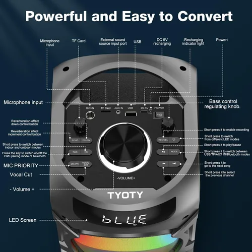 Vista 6 de Bocina Bluetooth portátil TYOTY 100W potente inalámbrica Boombox con emparejamiento TWS, sonido estéreo fuerte, graves profundos, grandes altavoces