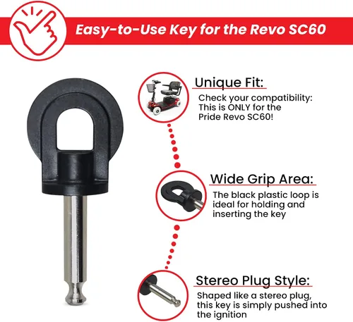 Vista 3 de AlveyTech Llave (estilo de enchufe estéreo) con cabezal circular plano para scooter Pride Revo (SC60), llave de repuesto para scooters de movilidad