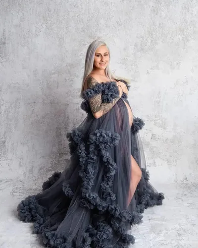 Vista 3 de Molisa Bata de tul para sesión de fotos de maternidad, volantes hinchados, lencería nupcial, bata de baño transparente para baby shower, vestidos
