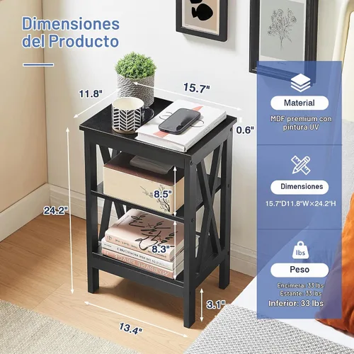 Vista 3 de VECELO Mesitas de Noche Modernas, Diseño en X, Mesa Auxiliar Lateral/Final con Estantería de Almacenamiento para Dormitorio, Sala de Estar