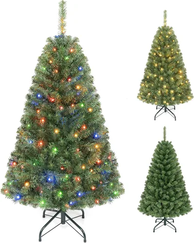 Vista 27 de COSTWAY Árbol de Navidad artificial de 6 pies, diseño preiluminado con Verde nevado