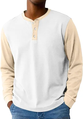 Vista 14 de Camisas de manga larga Henley con bloques de color para hombre, estilo casual, con botones, clásica, suave, transpirable