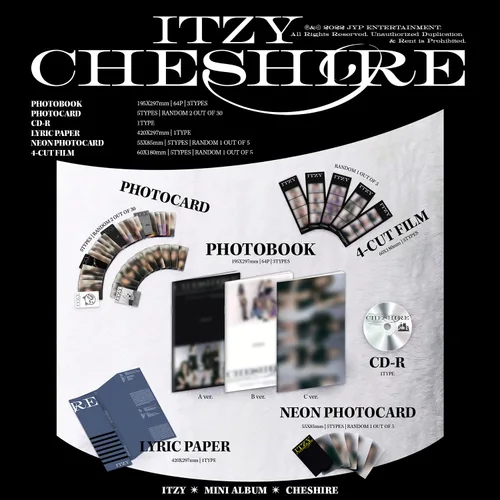 Vista 2 de ITZY - CHESHIRE (STANDARD - A Ver.) Photobook + Photocard + CD-R + Lyric Paper + Neon Photocard + 4-Cut Film + Photo Cube + Clear Photocard + Poster