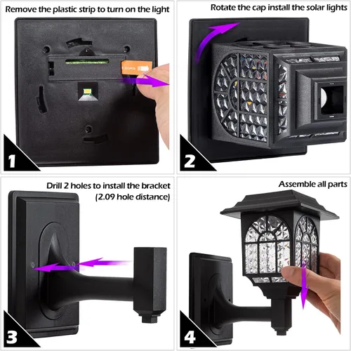 Vista 6 de LeiDrail Luces solares para valla, paquete de 2 luces solares para exteriores, impermeables, luz LED blanca cálida, poste de pared, iluminación