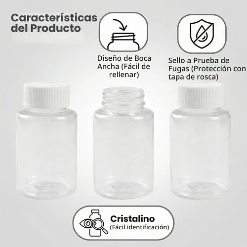 Vista 3 de 12 botellas transparentes de plástico de 3.3 onzas líquidas, contenedor vacío con tapa de rosca blanca, estuche de polvo sólido, soporte