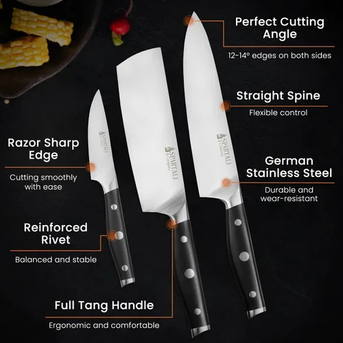 Vista 3 de Juego de cuchillos de cocina de 3 piezas, incluye cuchillo de chef de 8 pulgadas, Nakiri de 7 pulgadas, pelado de 3.5 pulgadas, cuchillas de acero