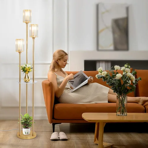 Vista 3 de HMVPL Lámparas de pie doradas para sala de estar, lámpara de pie moderna con estantes, lámparas de pie de cristal con mesa, lámpara alta de latón