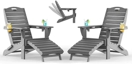 Vista 26 de Sillas Adirondack ajustables con otomana retráctil, silla Adirondack plegable de HDPE con 2 soportes para tazas, resistente a la intemperie