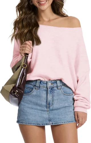 Vista 11 de FAlABLE - Suéter para mujer con hombros descubiertos y cuello barco, pullover holgado de manga larga, acogedor de punto, para otoño e invierno, tops