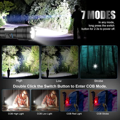Vista 5 de Linterna magnética recargable de alta luminosidad, súper brillante con luz LED COB, USB C, 7 modos, con zoom, impermeable IPX6, linterna táctica