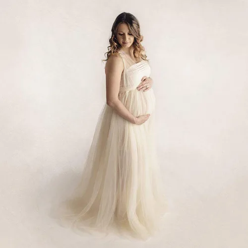 Vista 2 de Vestido de maternidad de manga larga con hombros descubiertos para mujer, de tul elegante, ajustado, para baby shower, fotografía, maxi vestido