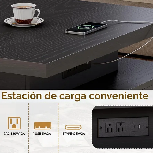 Vista 4 de Mesa de café IRONCK con luz LED y estación de carga, 4 cajones de almacenamiento con diseño de rejilla, mesa de café cuadrada para sala de estar
