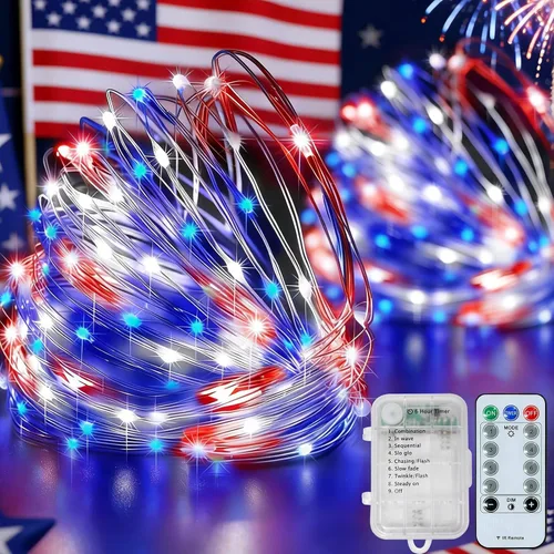 Vista 16 de Tira de luces LED ST38 de 26 pies (25.9 ft) con cable blanco, luces colgantes conectables y regulables para el día de la nación