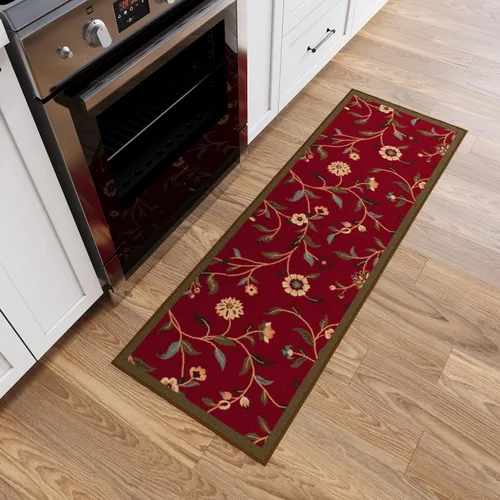 Vista 35 de Ottomanson, colección OttoHome, tapete para corredor con diseño azul claro y damasco (antiderrapante), parte trasera de goma Floral Beige