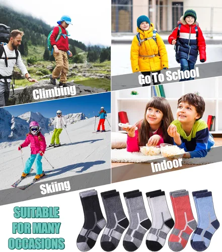 Vista 6 de LINEMIN Calcetines de senderismo de lana merino para niños y niñas, cálidos, gruesos, térmicos, acolchados, para invierno, 6 pares