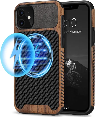 Vista 8 de TENDLIN Compatible con iPhone 11 Funda de grano de madera con textura de fibra de carbono, diseño híbrido de cuero, color negro