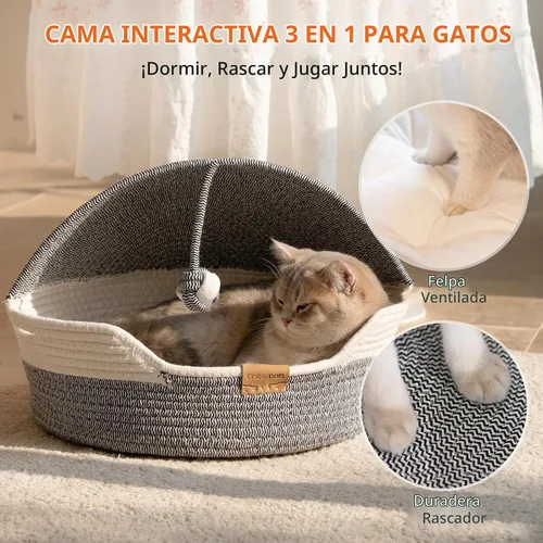 Vista 5 de CHEERPALS Cama para gatos con cojín lavable y cuerda de bola de algodón, cama cubierta para mascotas para gatos de interior, cama con capucha, cama