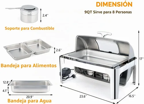 Vista 8 de ROVSUN Juego de bufé de acero inoxidable de 9 cuartos de galón con calefacción eléctrica y de combustible, servidor de catering con tapa enrollable