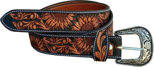 Vista 7 de Western Cuero Genuino Girasol Floral Tooled Casual Jeans Cinturón Con Hebilla Removeable 30AB101