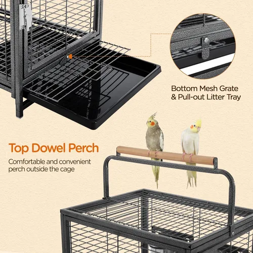 Vista 5 de Yaheetech Jaula de viaje para pájaros de hierro forjado de 25.5 pulgadas con asa, perca de madera y protector de semillas para loros pequeños