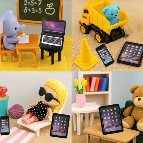 Vista 2 de Juego de 3 piezas de casa de muñecas en miniatura negro con tableta portátil de metal y teléfono inteligente para escala 1/6 1/12, muebles de casa